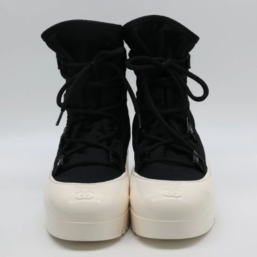 CHANEL Black Nylon Ankle Boots with White Rubber Sole size 38